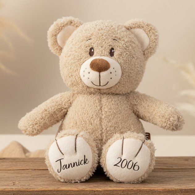 Beiges Kuscheltier mit aufgesticktem Namen „Jannick“ und dem Geburtsjahr 2006 auf den Pfoten, personalisiertes Geschenk für Kinder