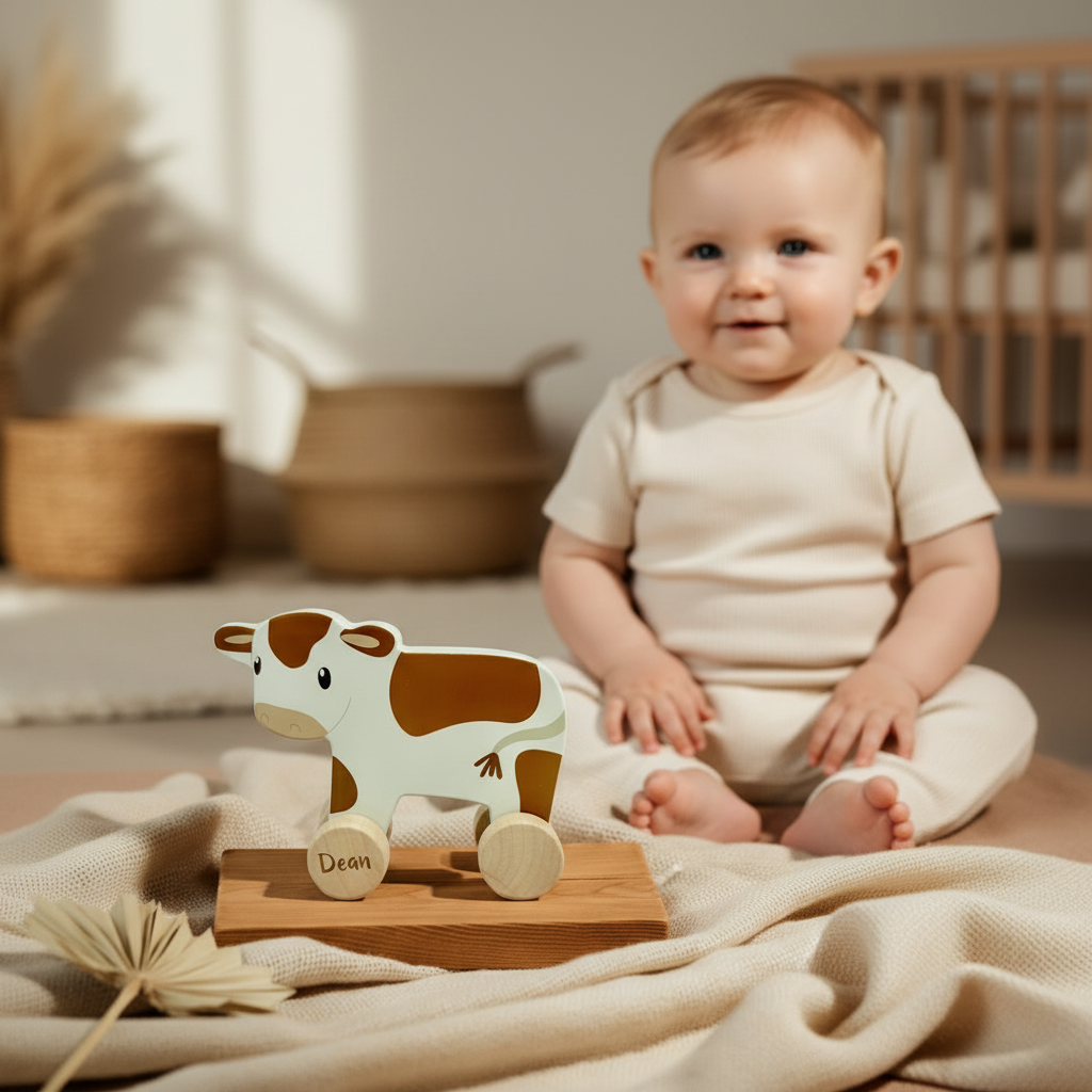 Rollende Holz Kuh – personalisiertes Geschenk zur Geburt | Schmatzepuffer