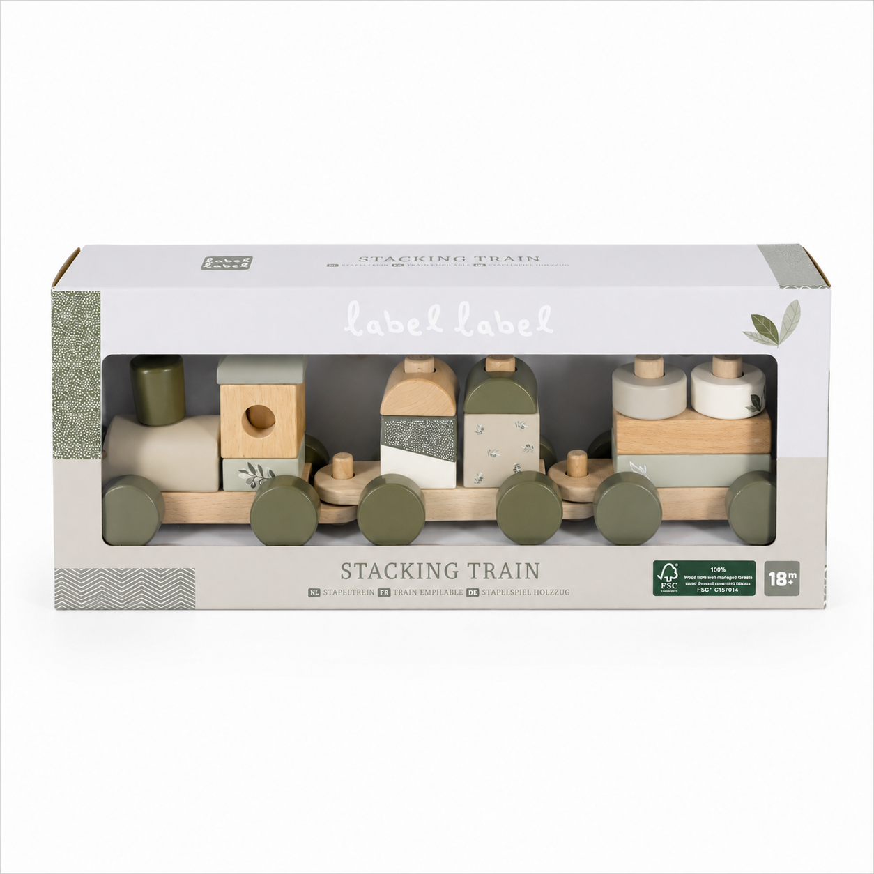 Label Label Stapelzug aus Holz in Olivgrün in der Originalverpackung als hochwertiges Motorikspielzeug für Kinder ab 18 Monaten