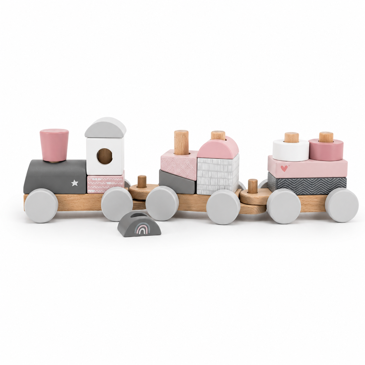 Label Label Stapelzug aus Holz in Rosa mit herausgenommenem Baustein als kreatives Motorikspielzeug für Kinder
