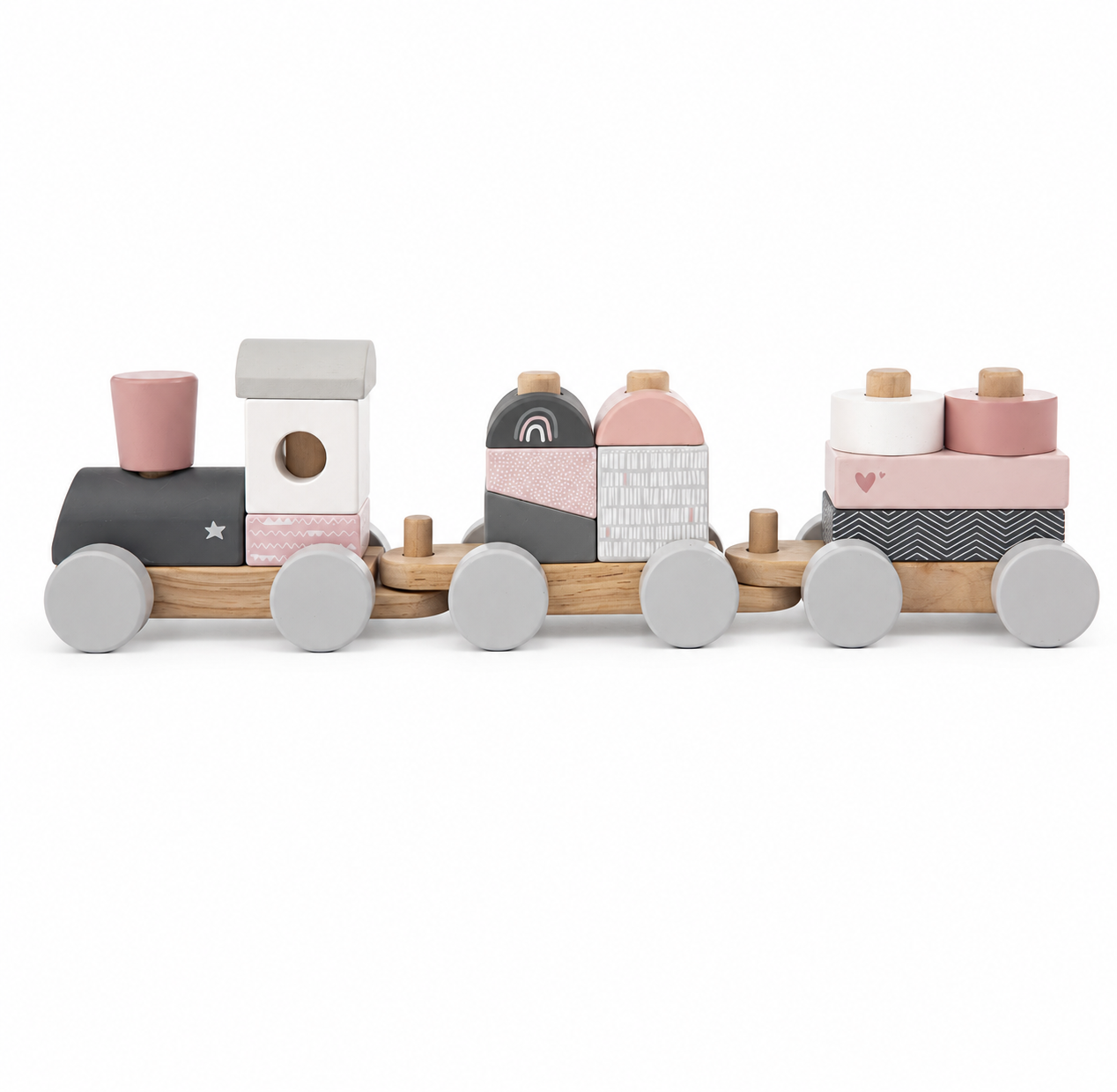 Label Label Stapelzug aus Holz in Rosa als Motorikspielzeug für Kinder mit Lokomotive und zwei Waggons in Seitenansicht
