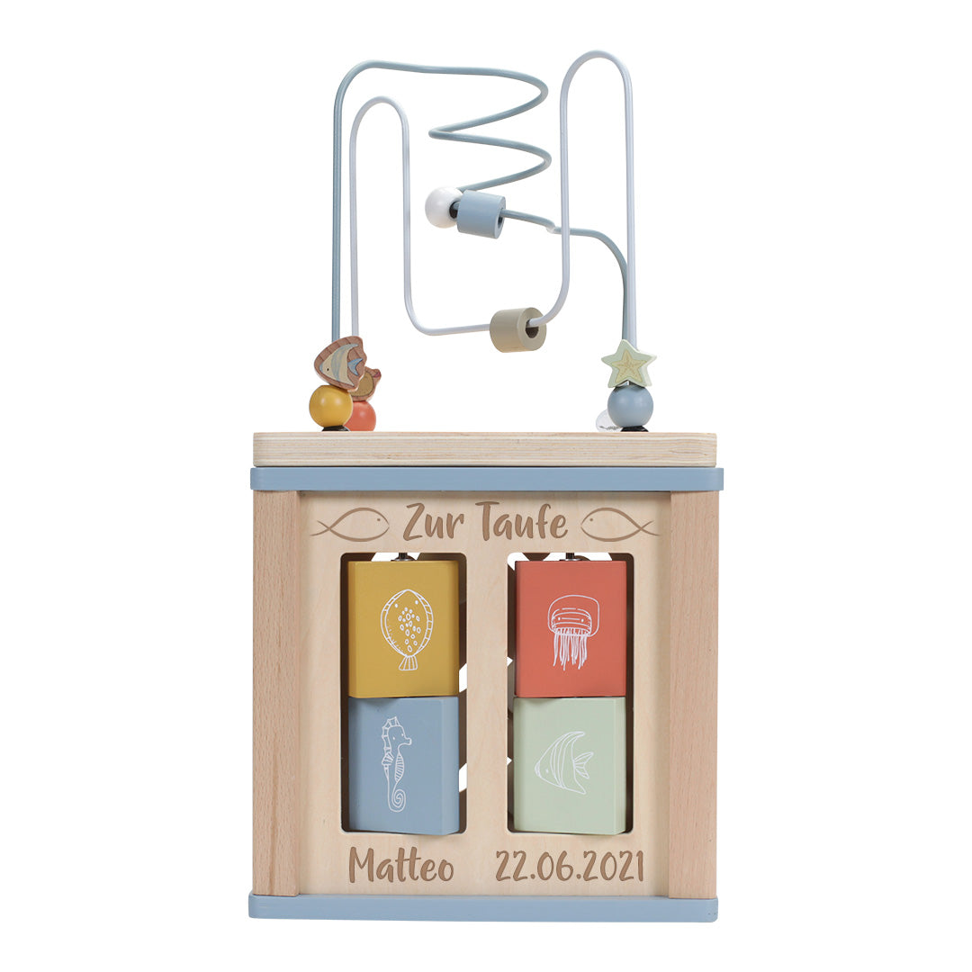 Houten motorische kubus 'Ocean' - Voor de doop | Little Dutch
