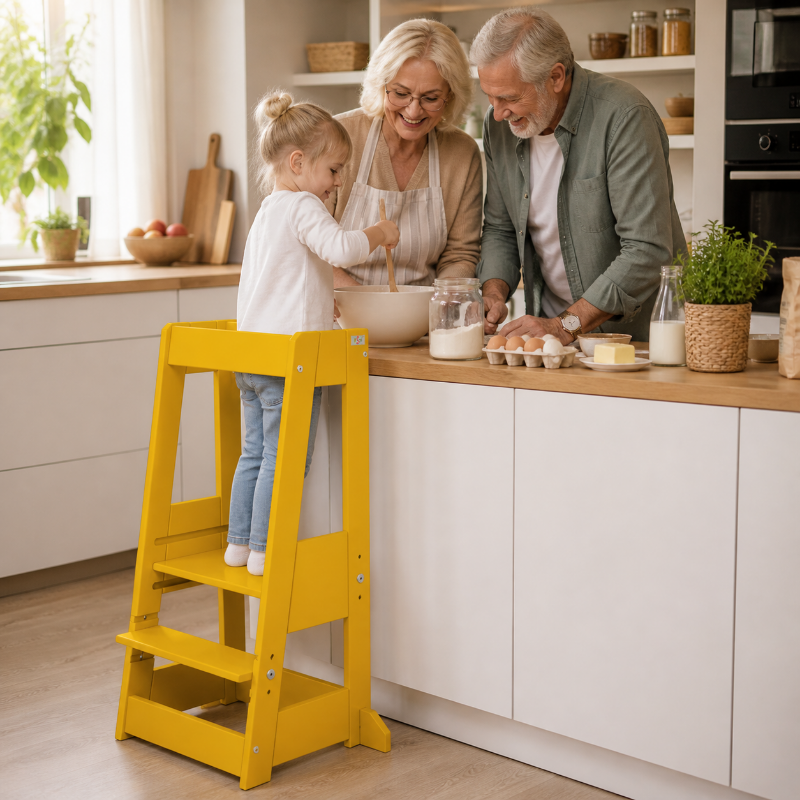 Kind auf gelbem Montessori Lernturm in der Küche mit Großeltern. Hochwertiger Lernturm für Kinder, personalisiert bei Schmatzepuffer.