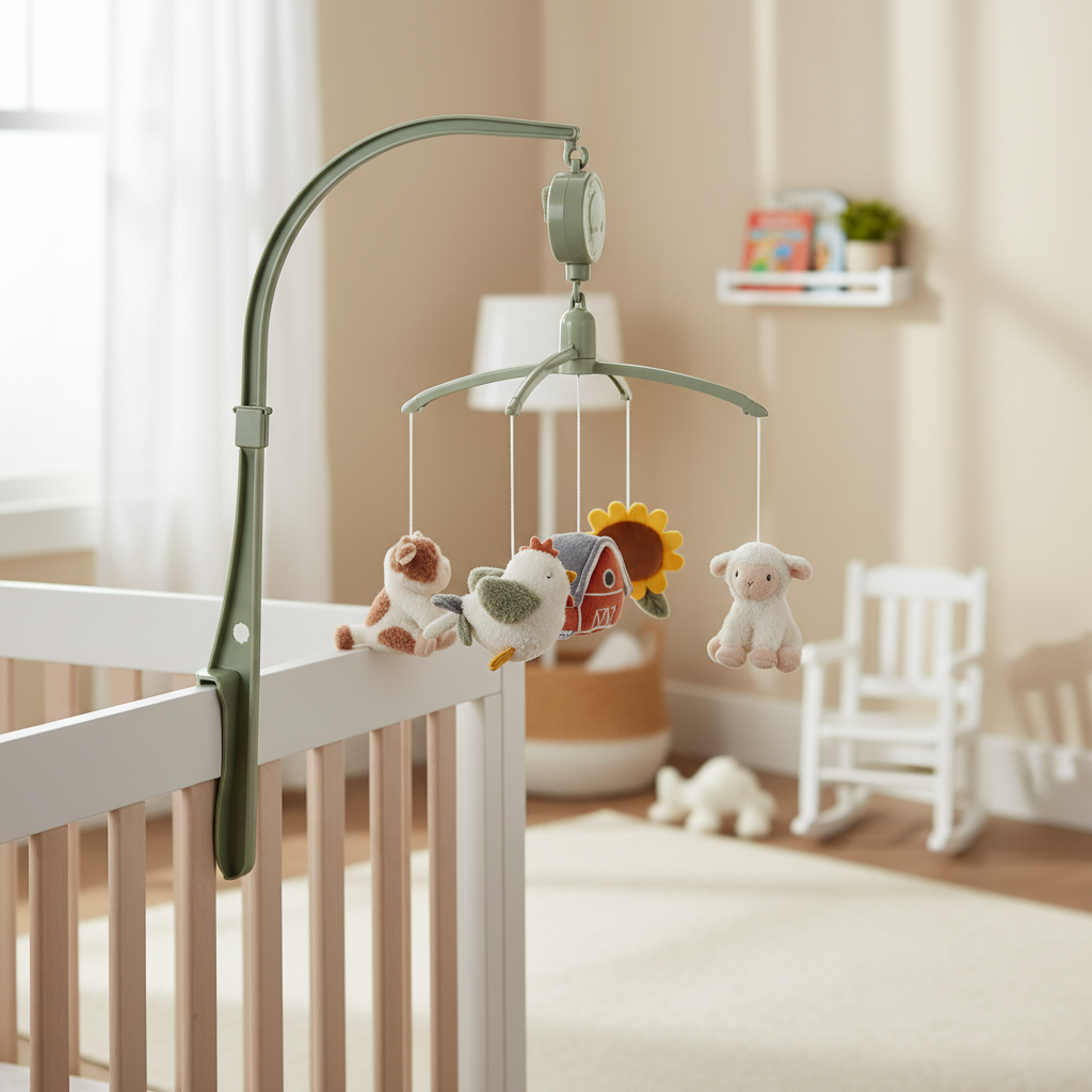 Musikmobile für das Babybett mit liebevollen Bauernhof-Figuren – beruhigendes Mobile für Babys im Kinderzimmer von Schmatzepuffer