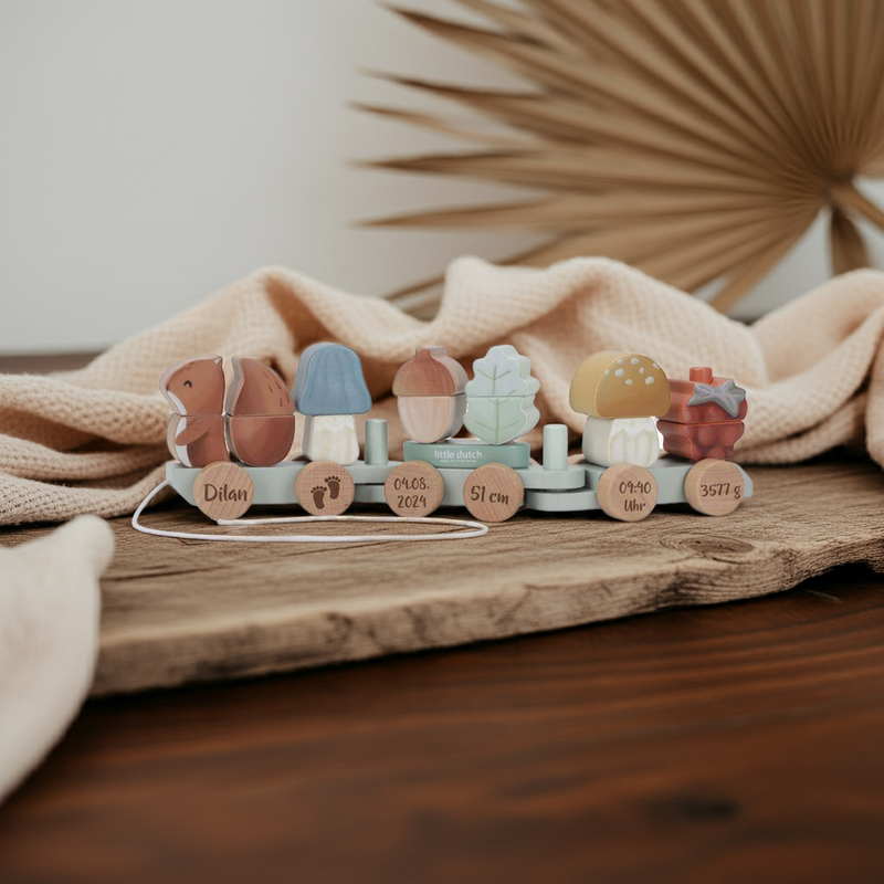 Personalisierter Holz Zug mit Geburtsdaten im Waldtiere Design mit Eichhörnchen Pilzen und gravierten Holzscheiben als individuelles Babygeschenk zur Geburt von Schmatzepuffer