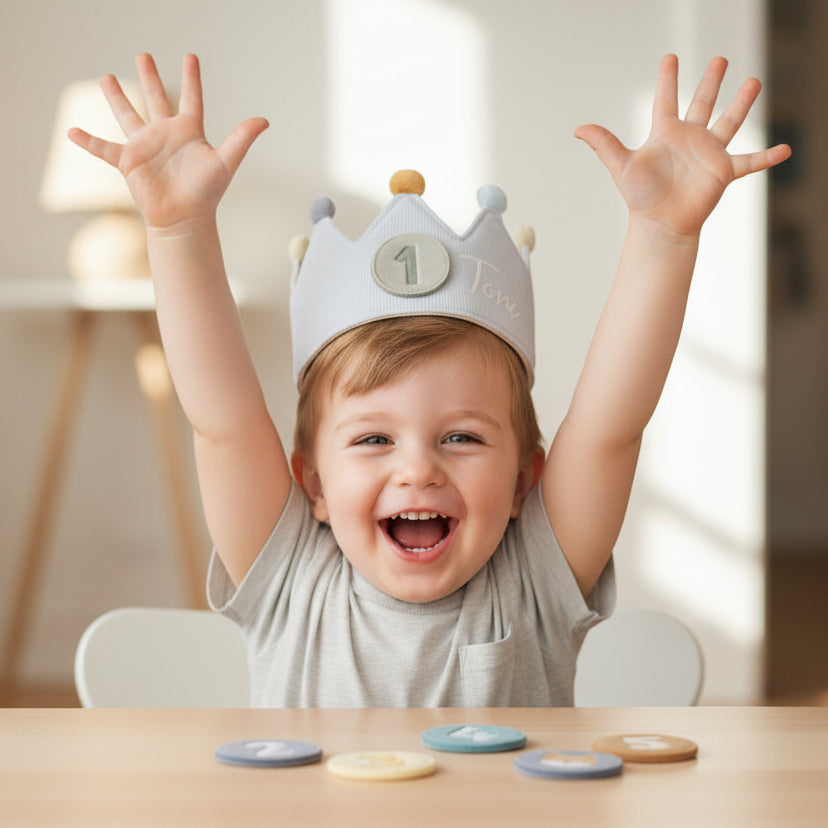 Kind mit personalisierter Geburtstagskrone zum 1. Geburtstag – besonderes Geschenk für den ersten Geburtstag von Schmatzepuffer