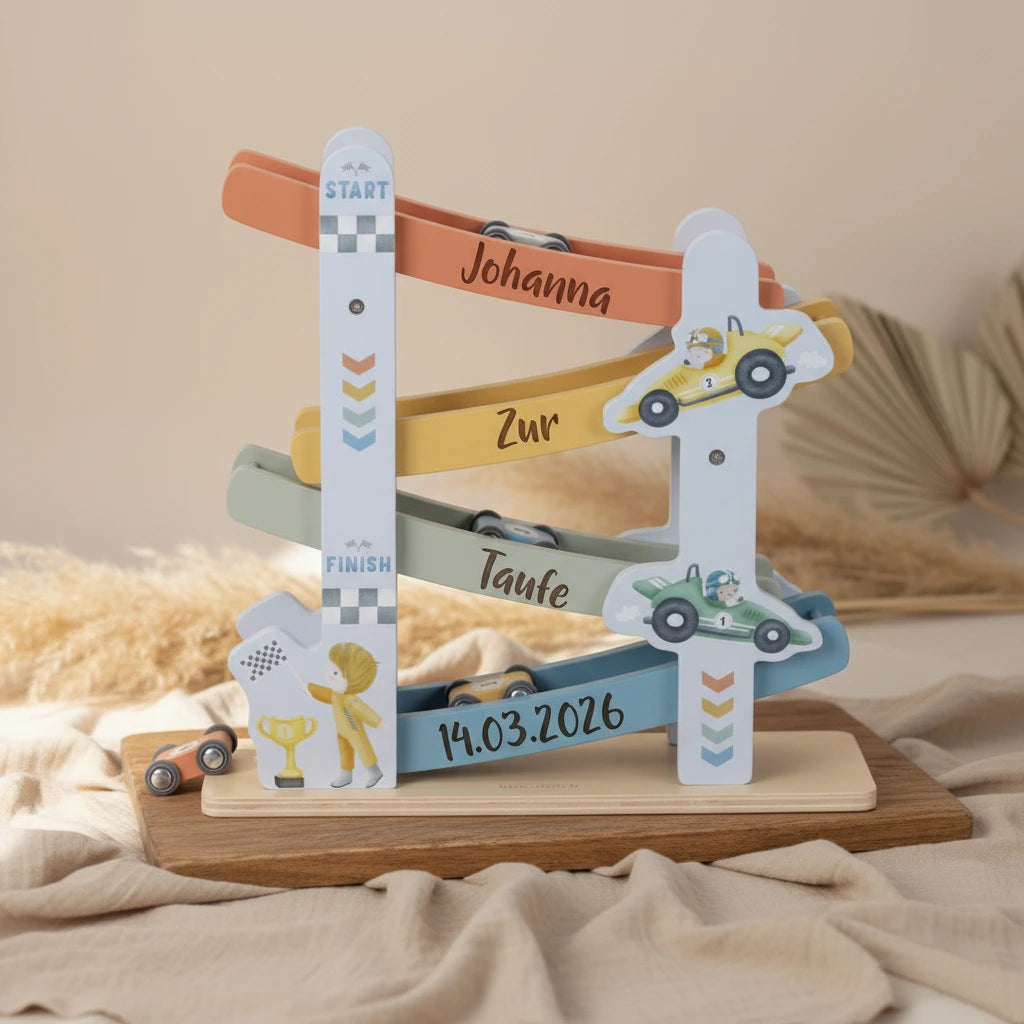Holz Rennbahn personalisiert zur Taufe mit Name und Taufdatum – individuelles Taufgeschenk für Kinder