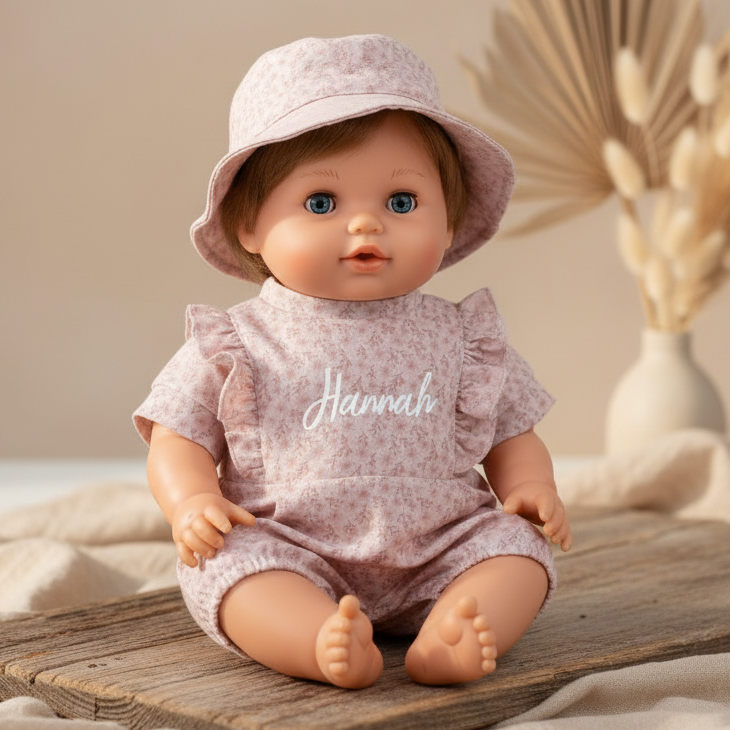 Personalisierte Puppenbekleidung in Rosa mit Namen auf Puppe, liebevolles Geschenk für Kinder zur Geburt, Taufe oder zum Geburtstag