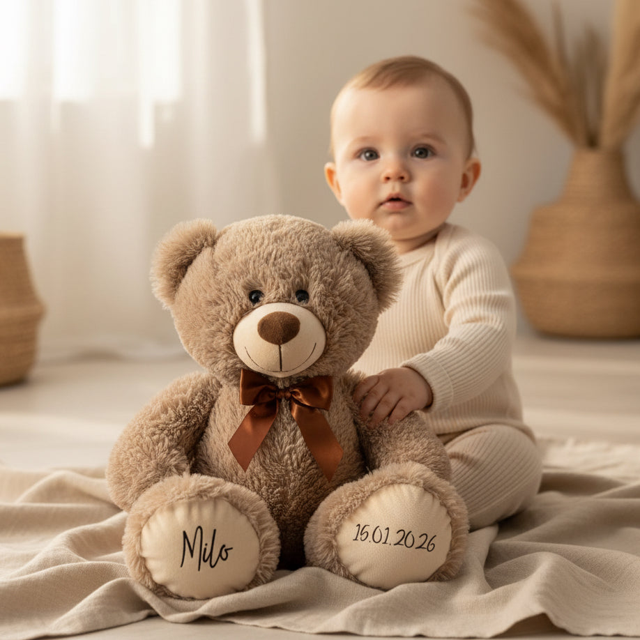 Personalisierter Teddybär 54cm Hellbraun mit Name & Geburtsdatum - Kuscheltier zur Geburt