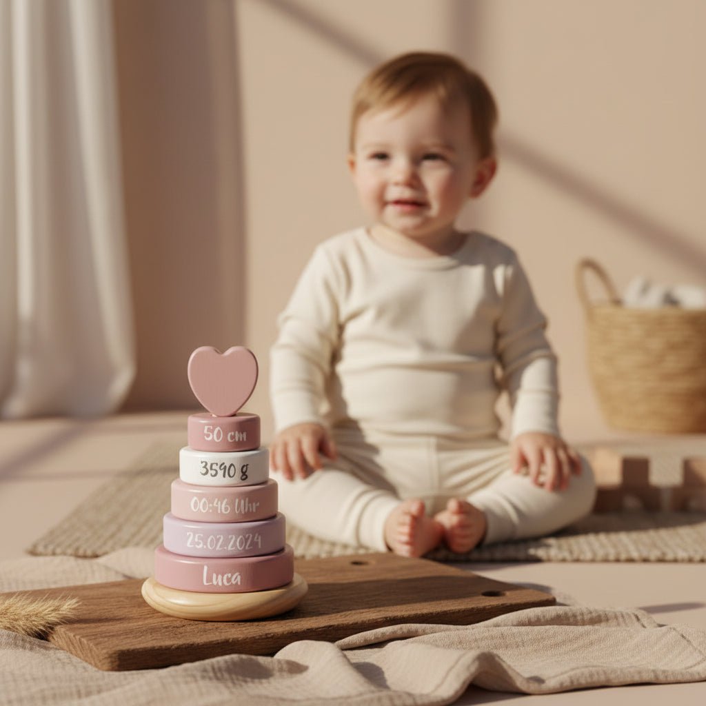 Personalisierter Holz Stapelturm in Rosa mit individuellem Namen zur Foerderung von Motorik, Hand Auge Koordination und spielerischem Lernen