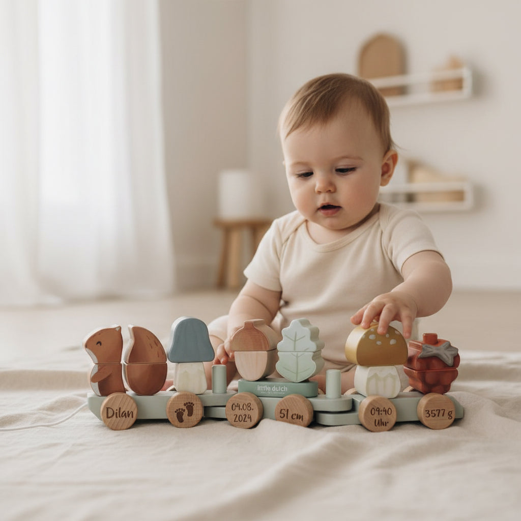 Freigestellter personalisierter Holz Zug mit Geburtsdaten im Waldtiere Forest Friends Design mit Eichhörnchen Pilzen und gravierten Holzscheiben von Schmatzepuffer