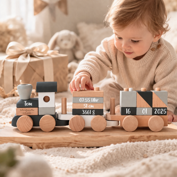 Personalisierter Holzzug als Geschenk zur Geburt mit Name und Geburtsdaten – liebevolles Babygeschenk von Schmatzepuffer