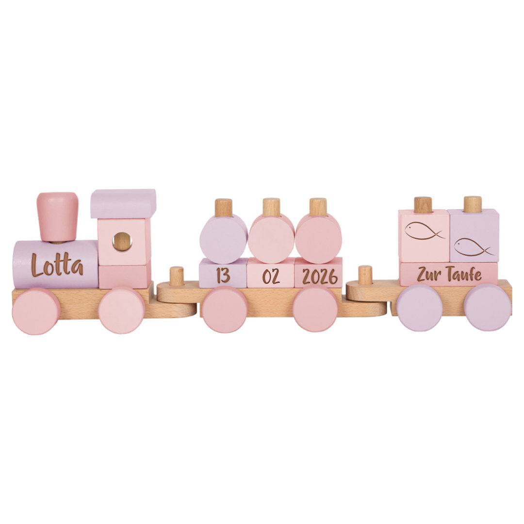 Personalisierter Holzzug in Rosa zur Taufe mit graviertem Namen, Taufdatum und Schriftzug Zur Taufe