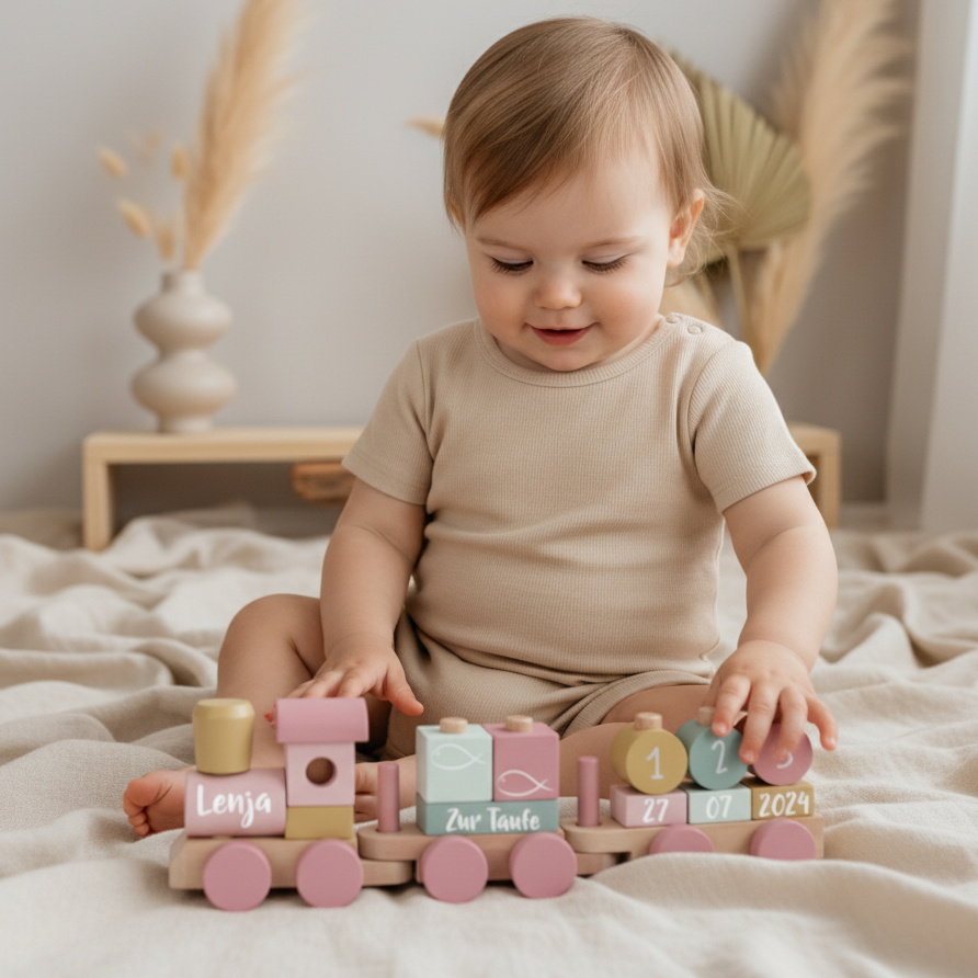 Personalisierter Holzzug zur Taufe mit Name, Datum und Taufmotiv – hochwertiges Holzspielzeug als Geschenk zur Taufe für Mädchen