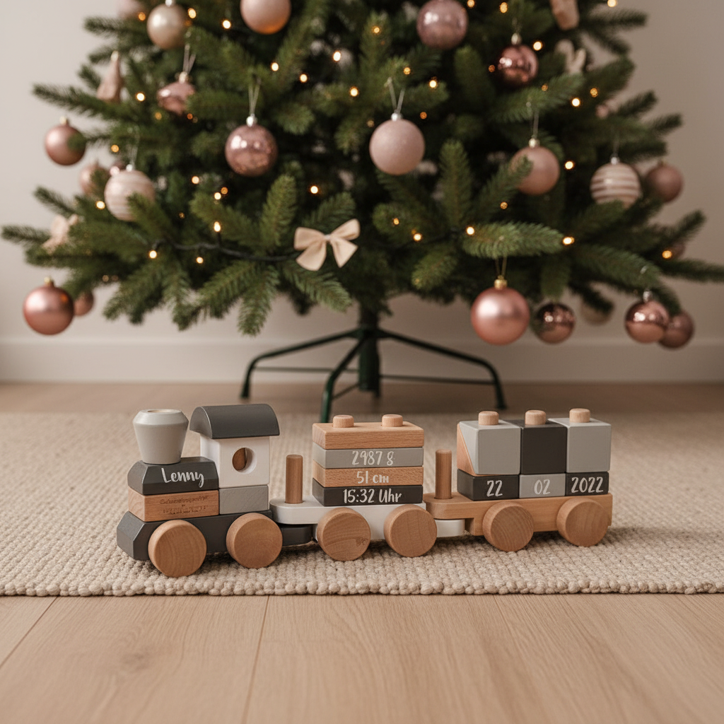 personalisierter Holzzug mit Name und Geburtsdaten vor Weihnachtsbaum – Geschenk zur Geburt – Schmatzepuffer