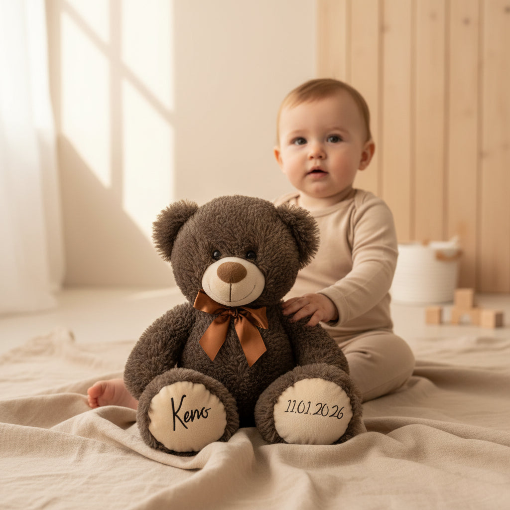 Personalisierter Teddybär mit Name und Geburtsdatum als Geschenk zur Geburt – hochwertiges Babygeschenk personalisiert bei Schmatzepuffer