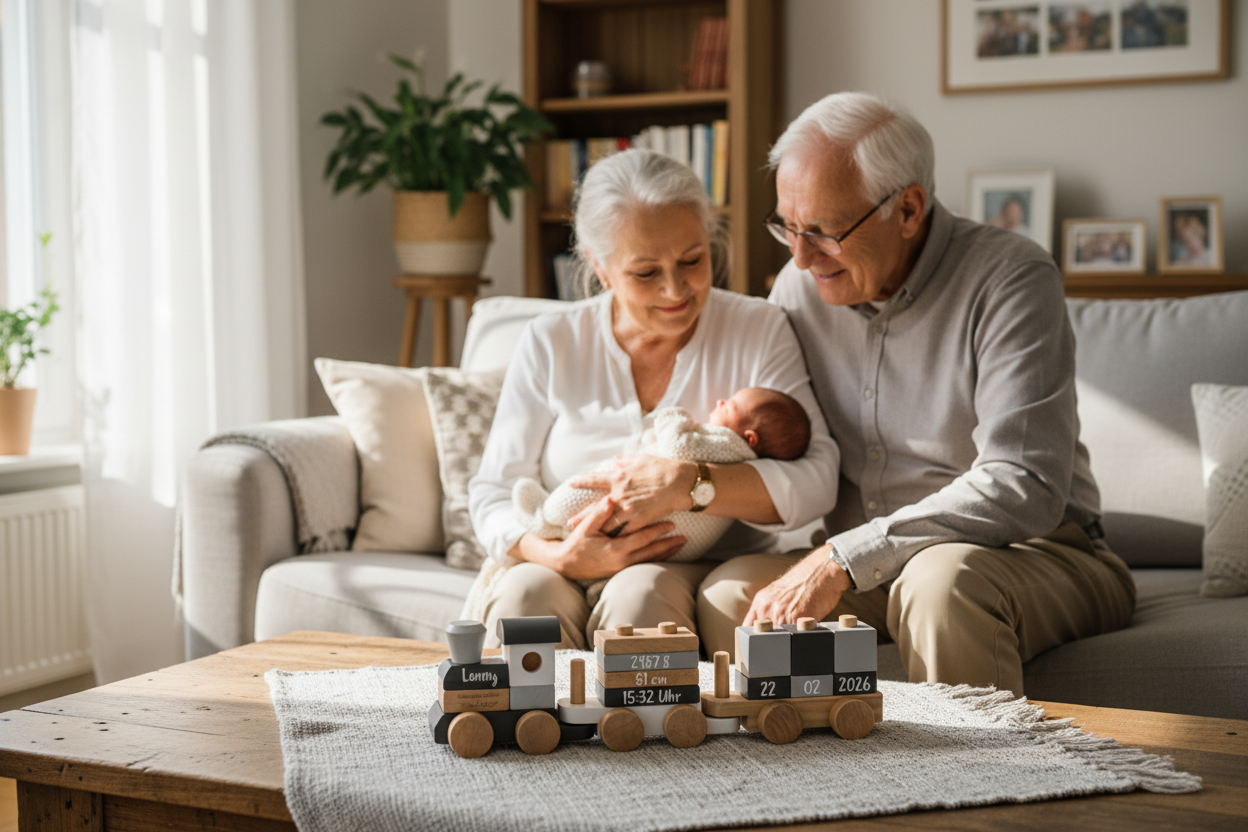 Emotionale Szene mit Großeltern, Baby und personalisiertem Holzzug – besonderes Geschenk zur Geburt