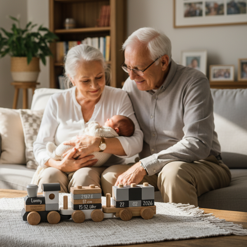 Emotionale Szene mit Großeltern, Baby und personalisiertem Holzzug – besonderes Geschenk zur Geburt