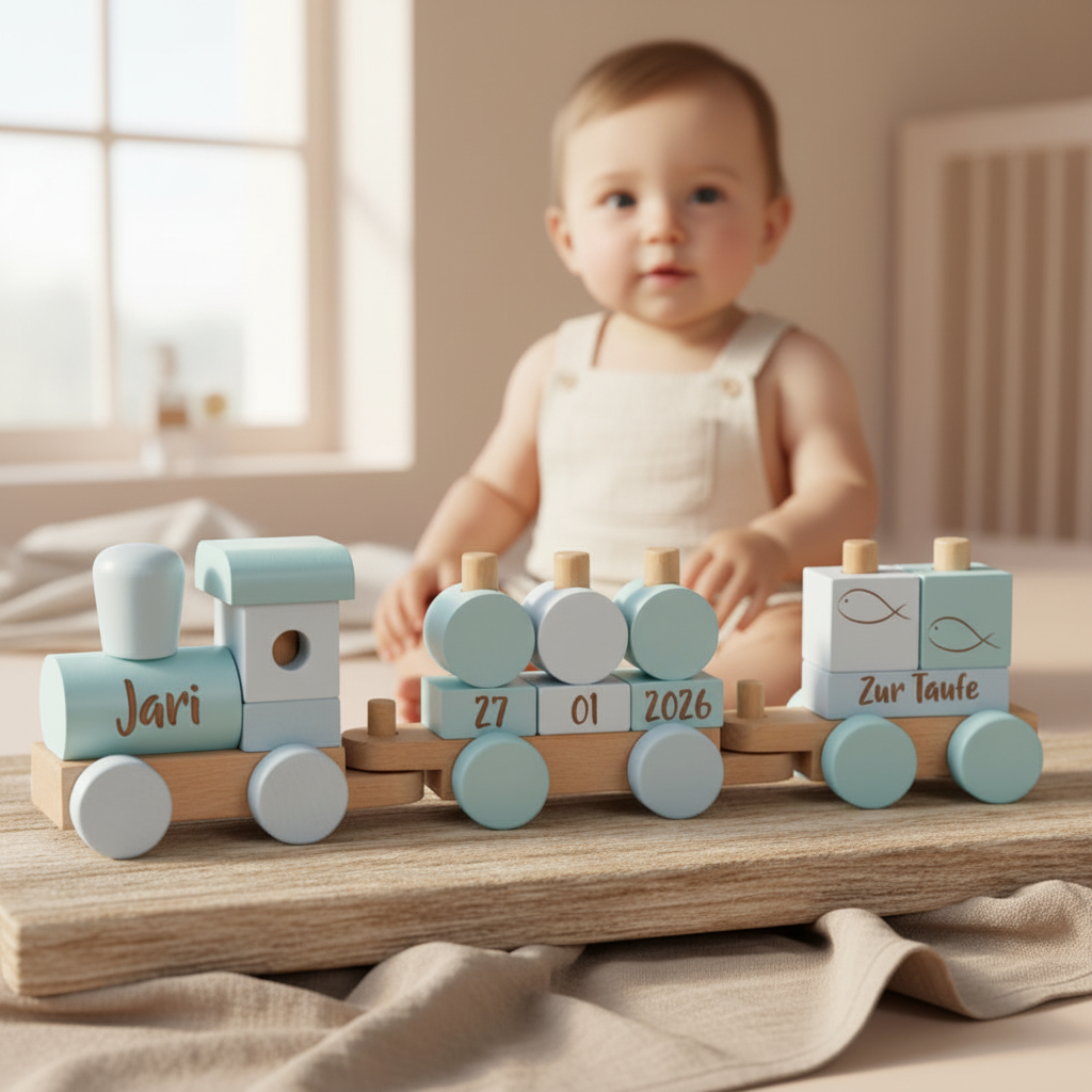 Baby spielt mit personalisiertem Holzzug zur Taufe mit Name und Datum – liebevolles Taufgeschenk mit bleibender Erinnerung bei Schmatzepuffer