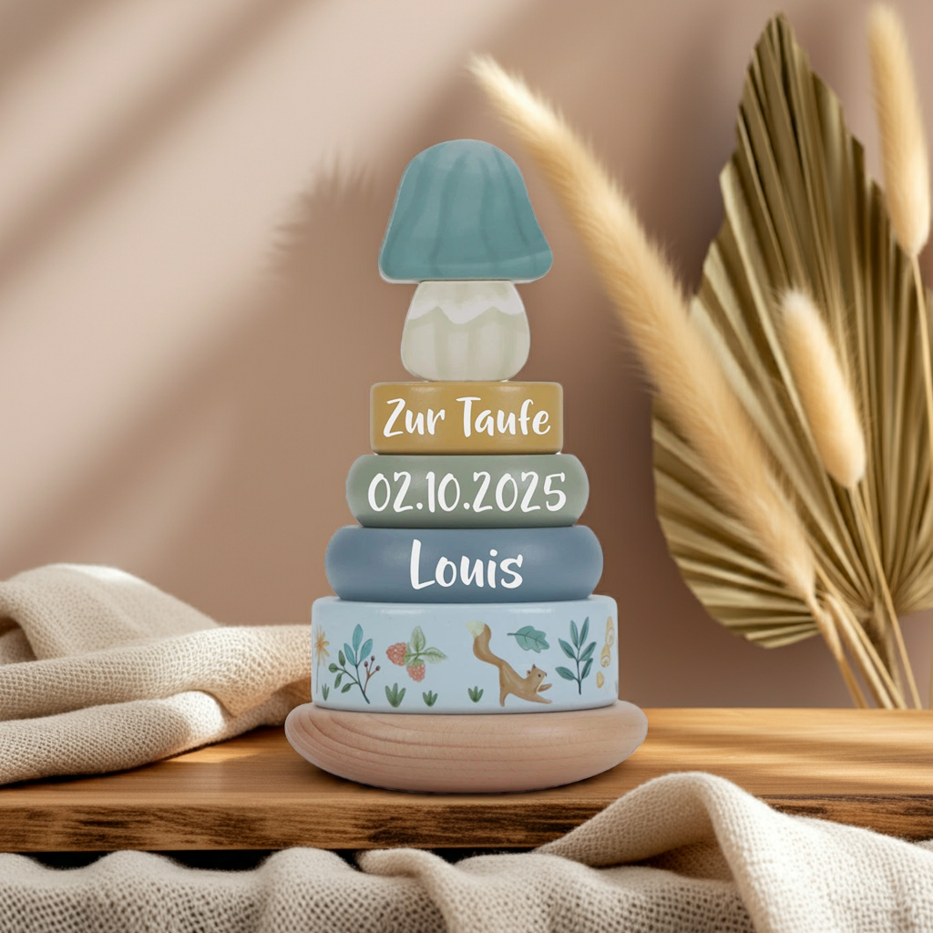 Wooden stacking tower with rings Forest Friends "For Baptism" | Little Dutch