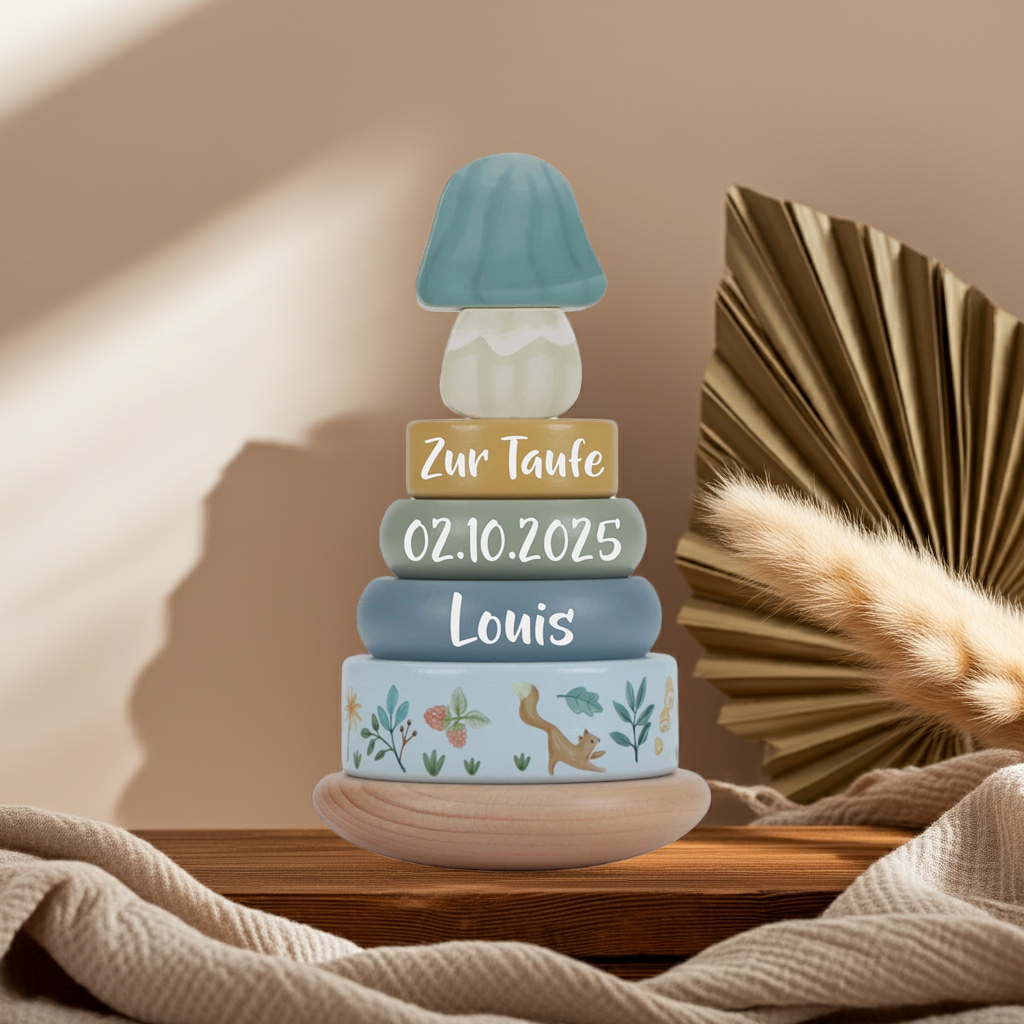 Wooden stacking tower with rings Forest Friends "For Baptism" | Little Dutch