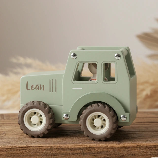 Personalisierter Spielzeugtraktor aus Holz mit Name Lean – Geschenk zur Geburt