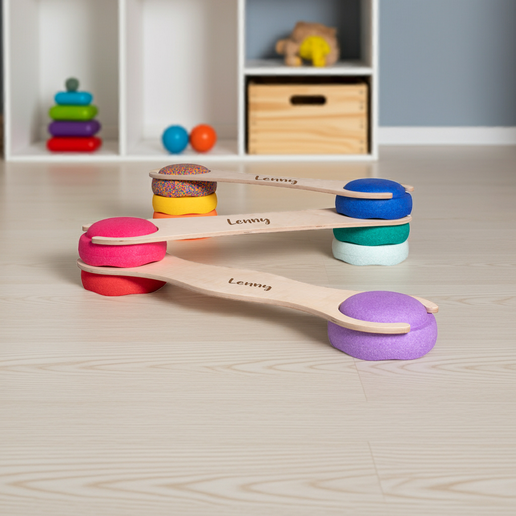 Personalisiertes tiSsi Stapelboard 3er Set mit Namen für Kinder, Balanceboard passend für Stapelsteine zur Förderung von Bewegung und Motorik