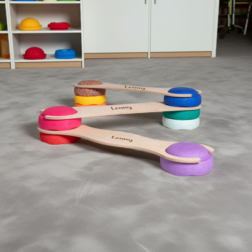 Personalisiertes tiSsi Stapelboard 3er Set mit Namen im Kinderzimmer, Balanceboard passend für Stapelsteine zur Förderung von Bewegung, Motorik und Gleichgewicht bei Kindern