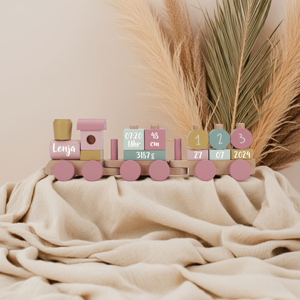 Gepersonaliseerde houten trein voor een sprookjestuin – Cadeau voor een pasgeborene