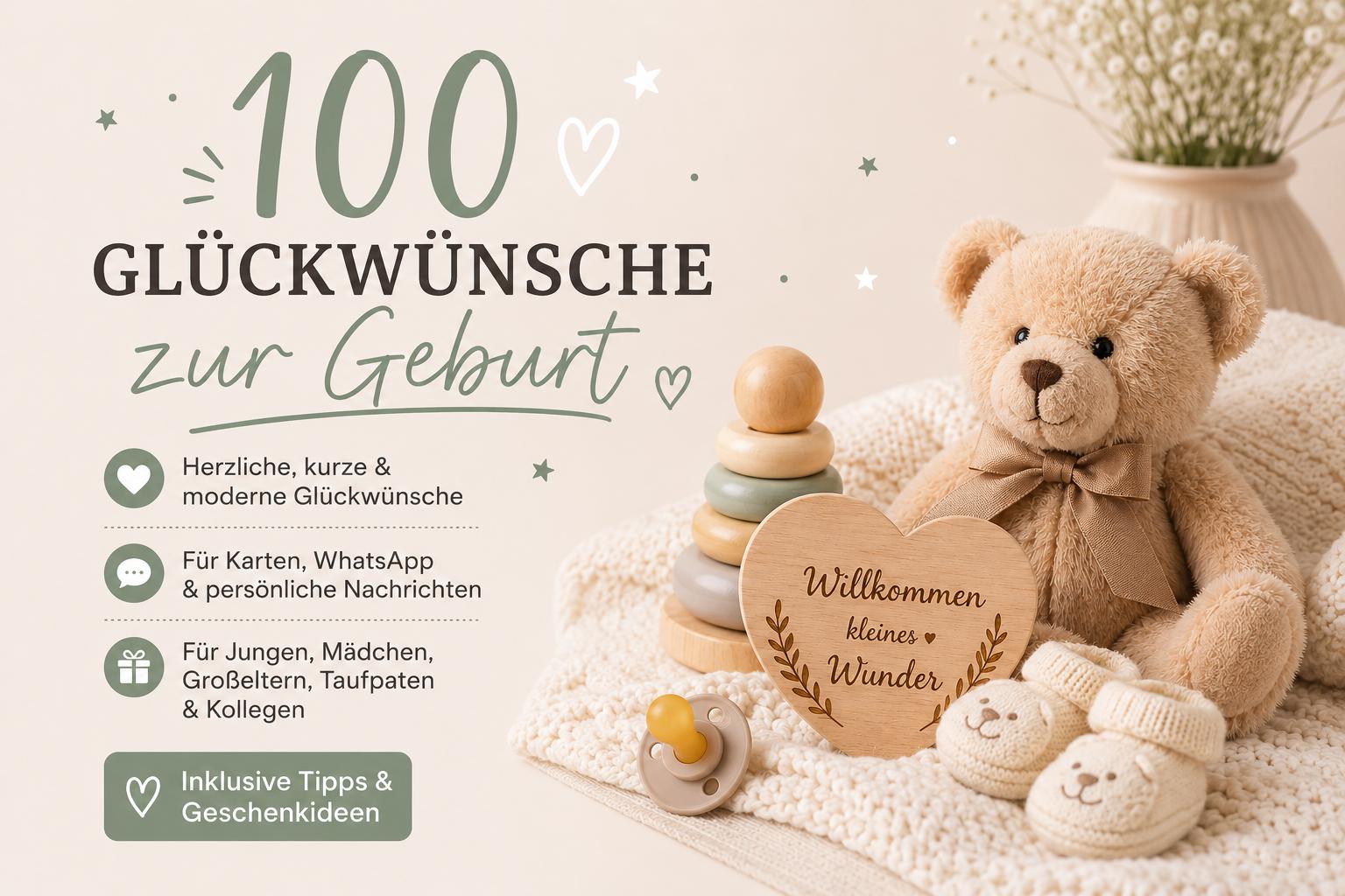 100 Glückwünsche zur Geburt – kurze, herzliche und moderne Glückwünsche für Karten, WhatsApp, Eltern, Jungen, Mädchen, Taufpaten und Kollegen inklusive Geschenkideen.