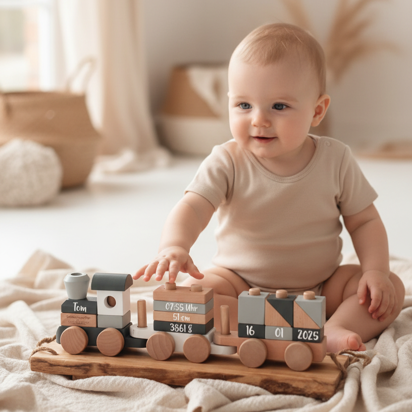 Baby sitzt auf einer Decke und spielt mit einem personalisierten Holzzug mit Namen – Inspiration zu beliebten Vornamen 2025