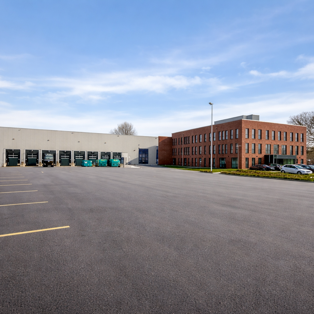 Emplacement de l'entreprise Schmatzepuffer à Bocholt avec entrepôt et zone de retrait à la porte A