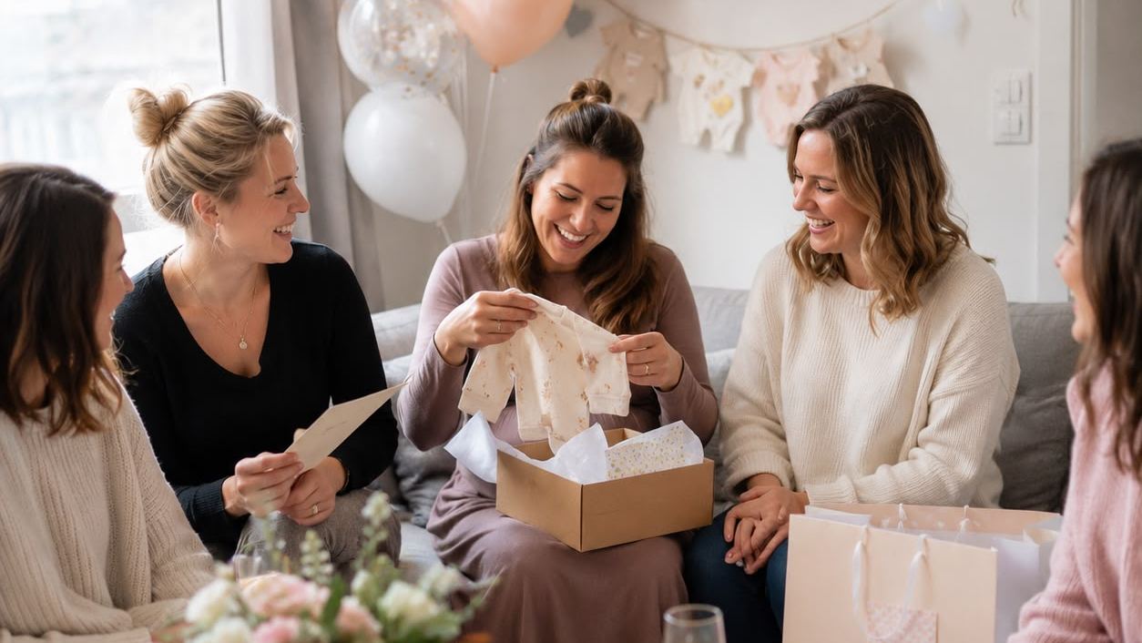 Freundinnen feiern eine Babyshower und planen gemeinsam die Babyparty mit Geschenken und Babyshower-Checkliste