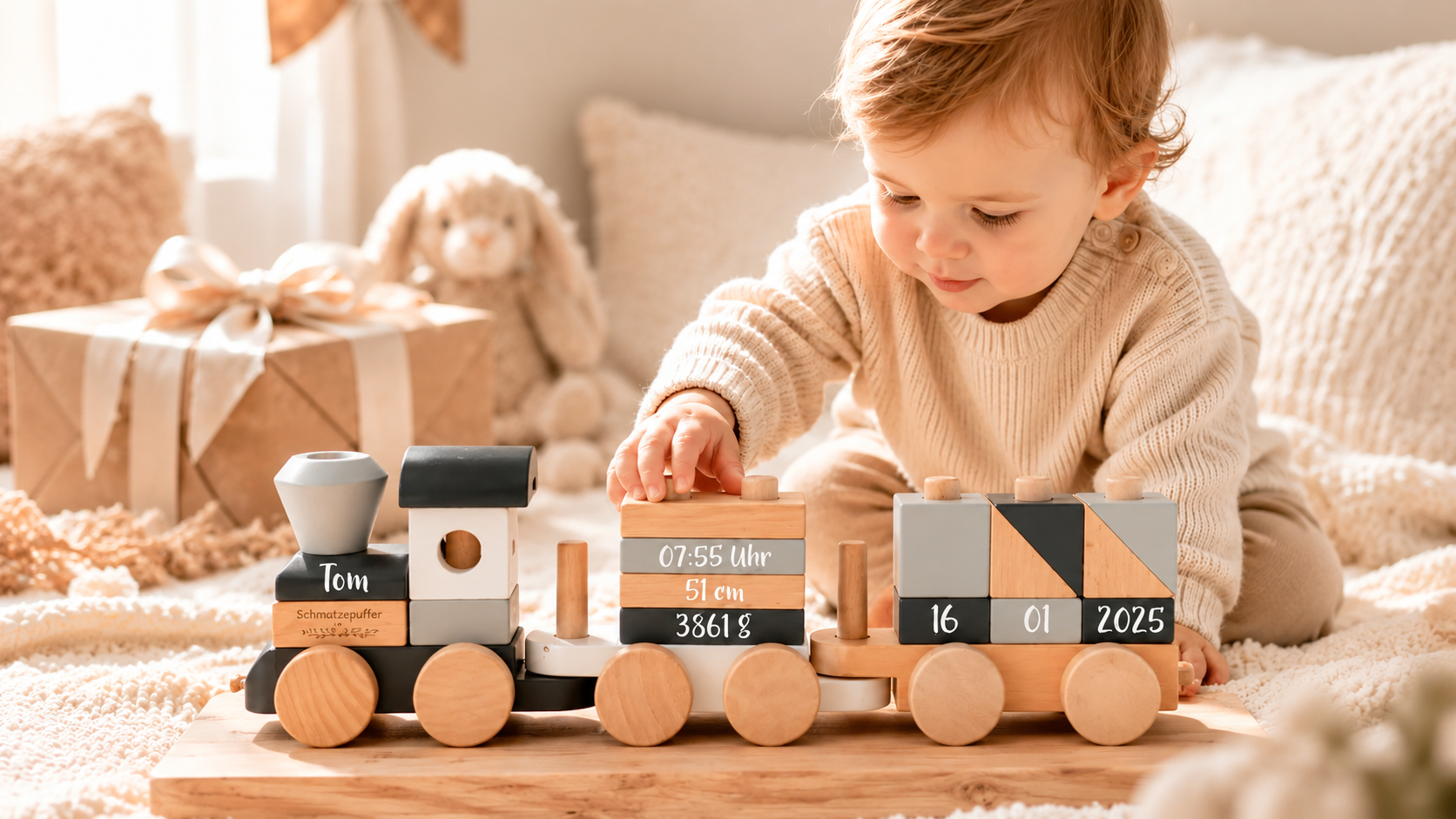 Persönliche Geschenke zur Geburt 2026 mit Holzzug, Erinnerungsbox, Kuscheltier und liebevoll gestaltetem Babygeschenk