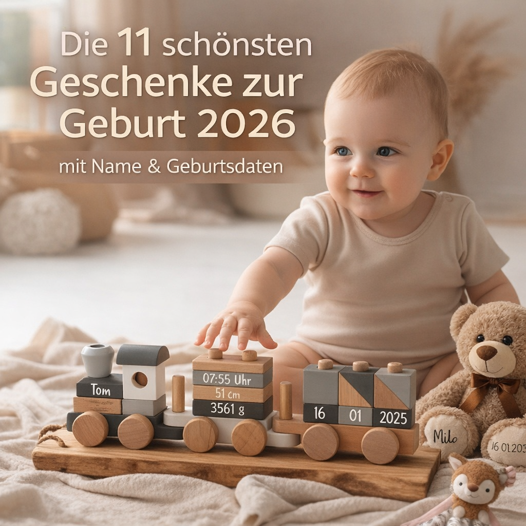 Personalisierte Geschenke zur Geburt – Holzzug mit Geburtsdaten und Baby im Kinderzimmer