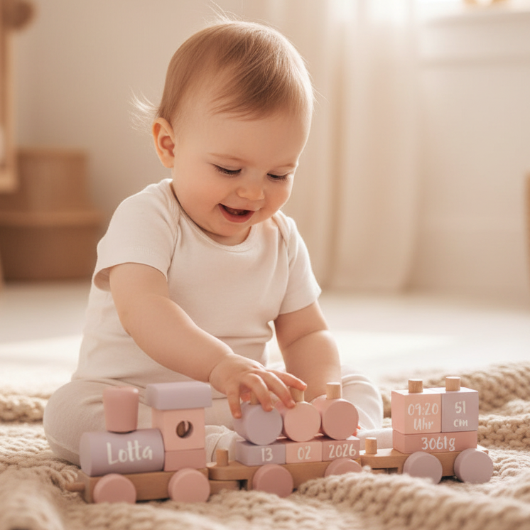 baby spielt mit personalisiertem holzzug mit name lotta und geburtsdaten liebevolles geschenk zur geburt hochwertiges babygeschenk