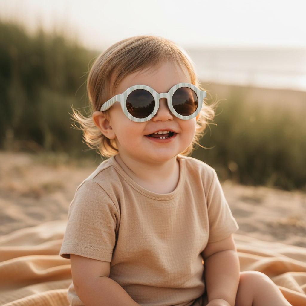 Kind trägt runde Sonnenbrille am Strand – Accessoires für Babys und Kinder im Sommer