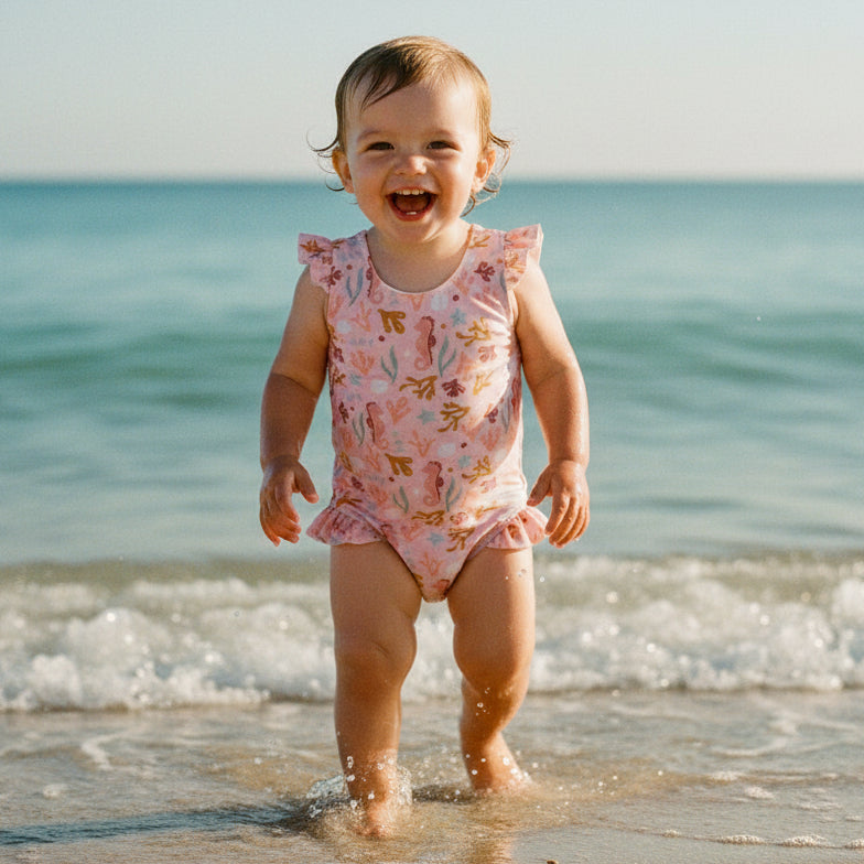 Baby im Badeanzug am Strand im Wasser – sommerliche Bademode für Babys