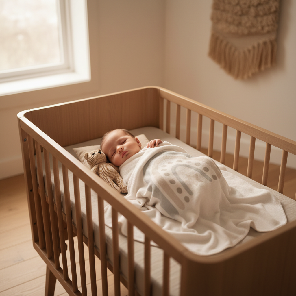 Baby im Bett mit weicher Babydecke – kuschelige Kinderdecke als Geschenk zur Geburt