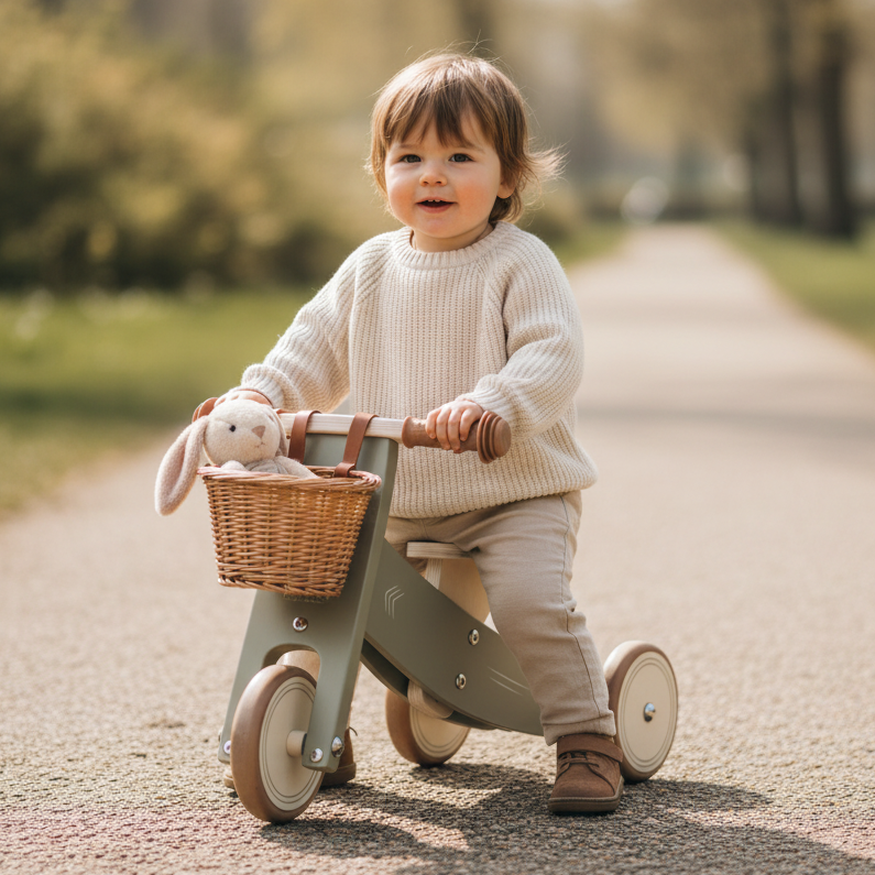 Kleinkind fährt Laufrad aus Holz – personalisiertes Geschenk für Kinder zum 1. Geburtstag bei Schmatzepuffer