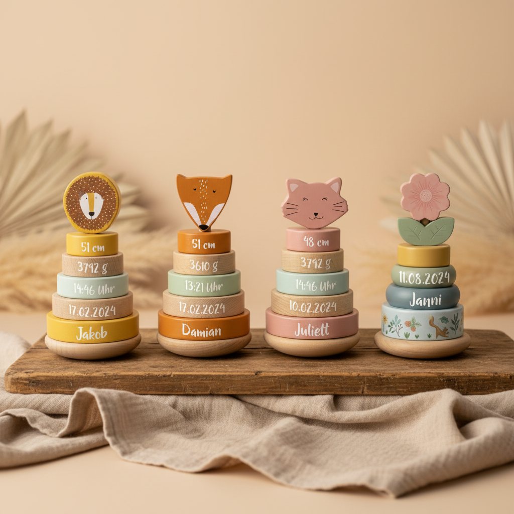 Personalisierter Stapelturm aus Holz als Geschenk zur Geburt