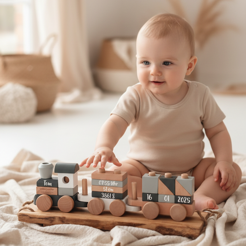 Personalisiertes Geschenk zur Geburt: Holzzug mit Namen und Geburtsdaten als besonderes Erinnerungsstück