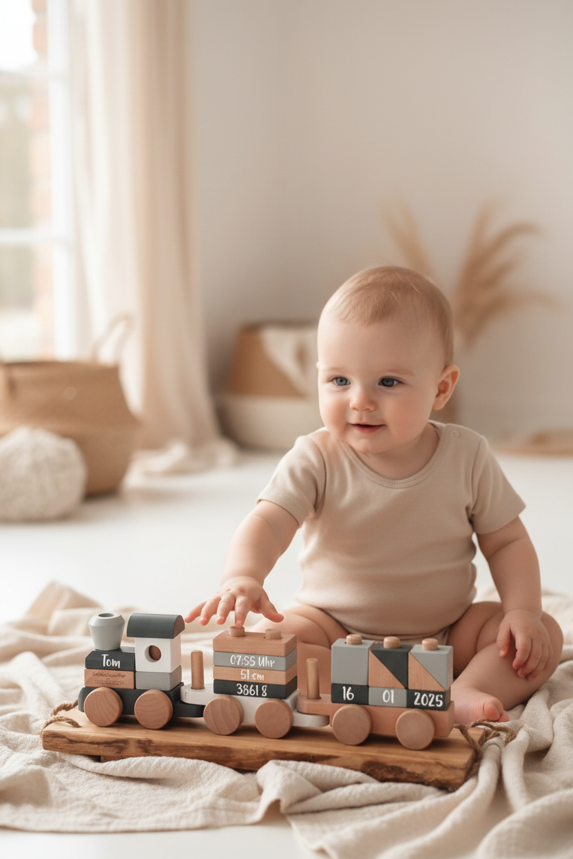 Holz-Zug zur Geburt personalisiert mit Namen & Geburtsdaten