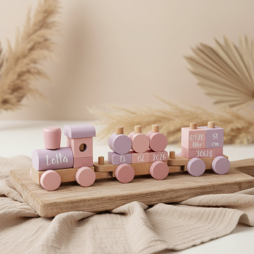 Personalisierter Holz-Zug rosa - Zur Geburt | small foot by Schmatzepuffer