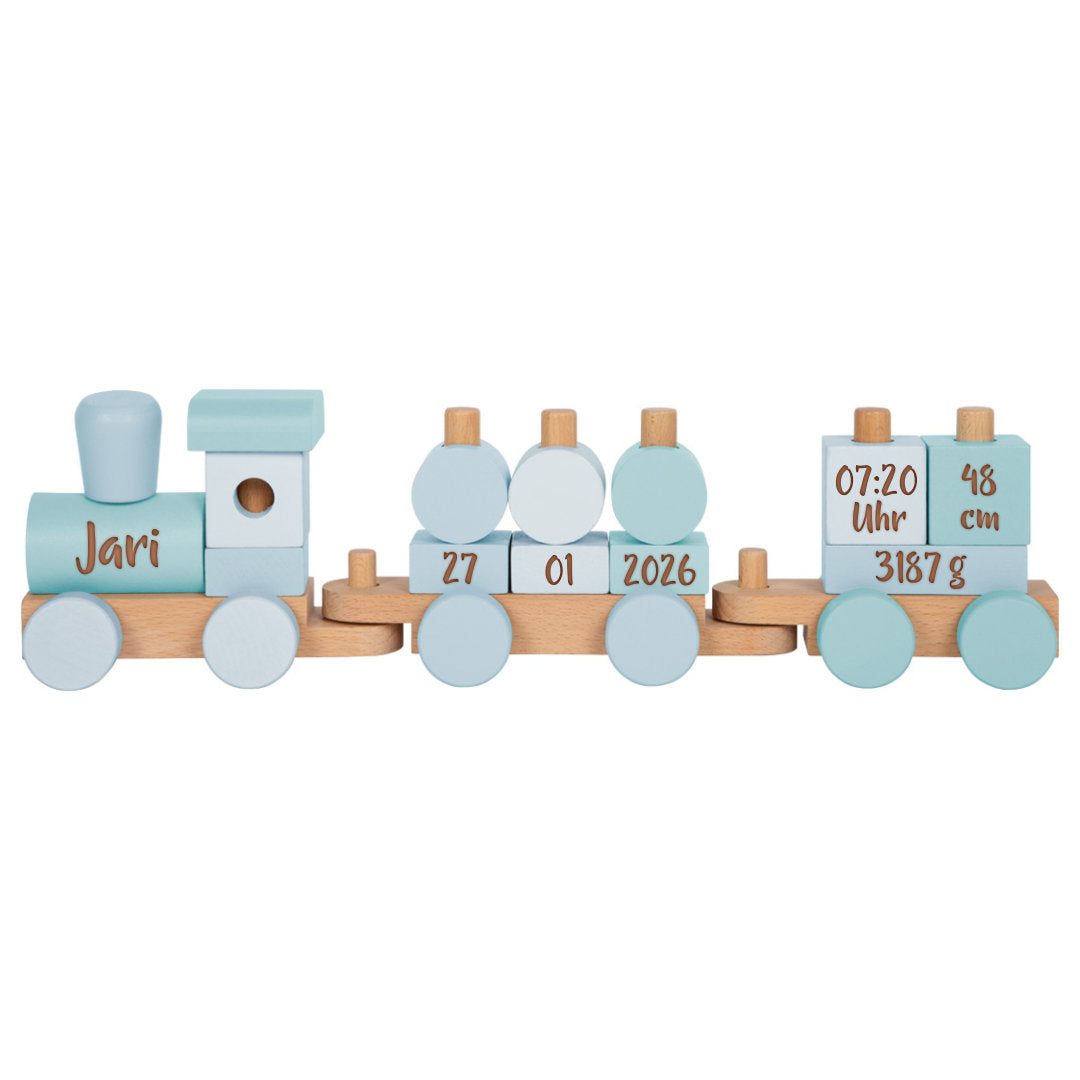 Personalisierter Holz-Zug blau - Zur Geburt | small foot by Schmatzepuffer