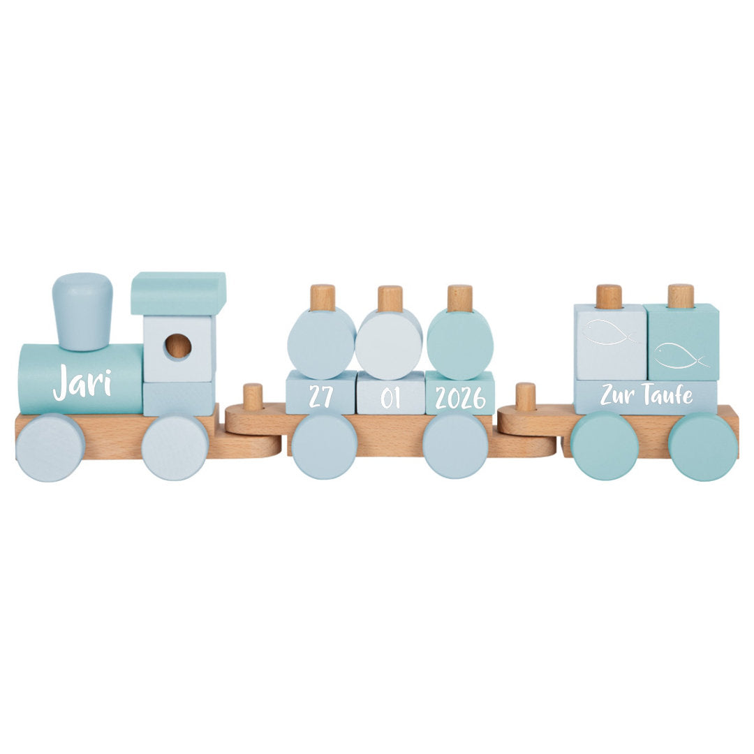 Personalisierter Holz-Zug blau - Zur Taufe | small foot by Schmatzepuffer