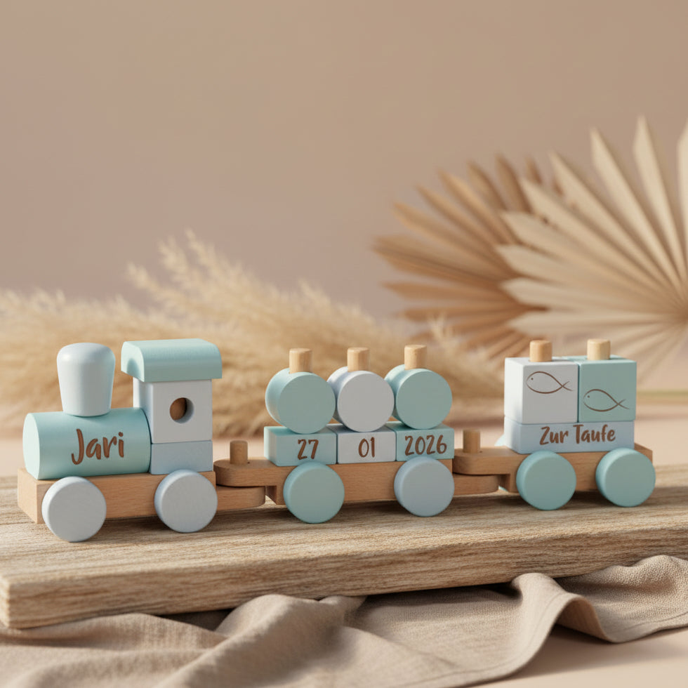 Personalisierter Holz-Zug blau - Zur Taufe | small foot by Schmatzepuffer