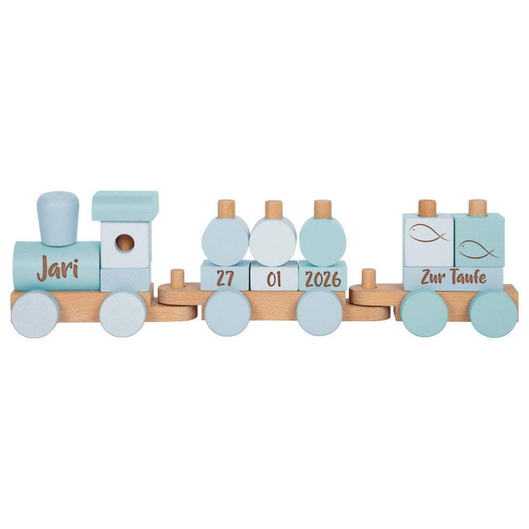 Personalisierter Holz-Zug blau - Zur Taufe | small foot by Schmatzepuffer