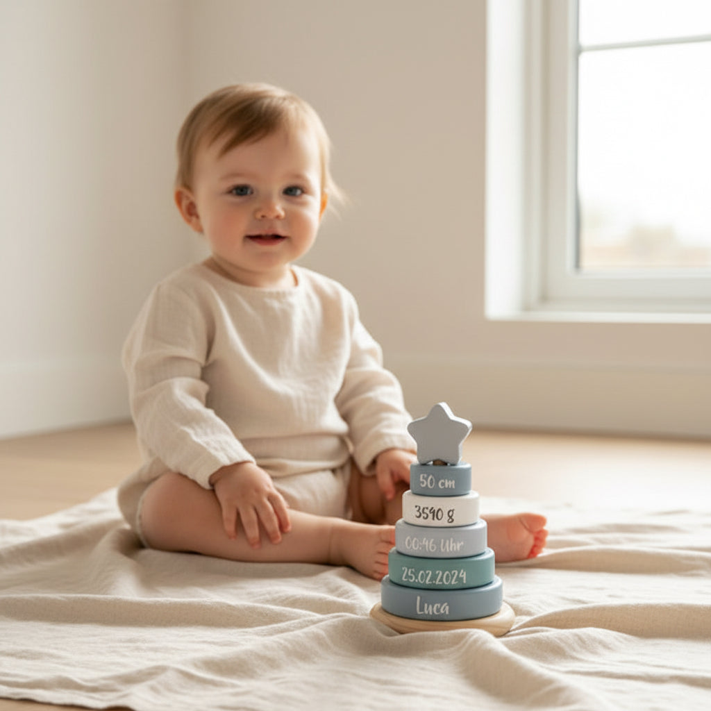 Personalisierter Stapelturm blau - Zur Geburt | small foot by Schmatzepuffer