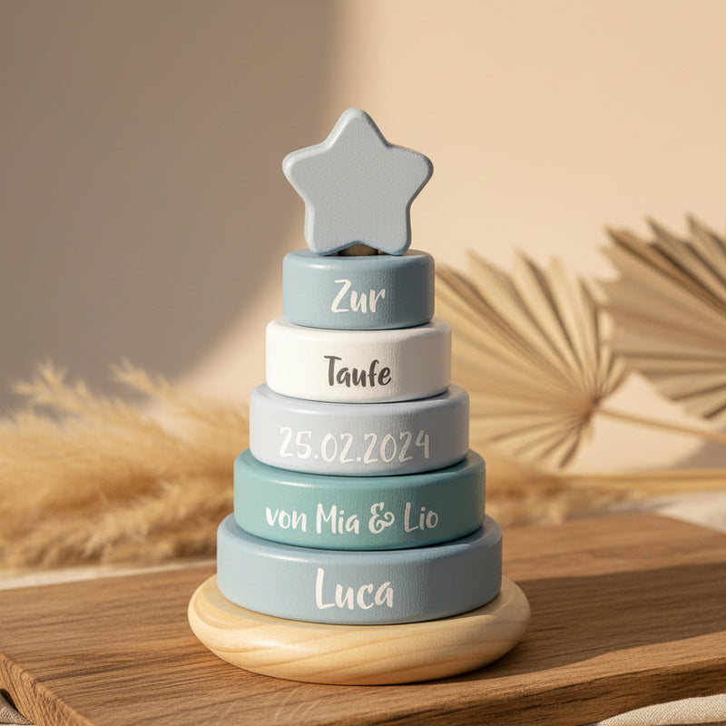 Personalisierter Stapelturm blau - Zur Taufe | small foot by Schmatzepuffer